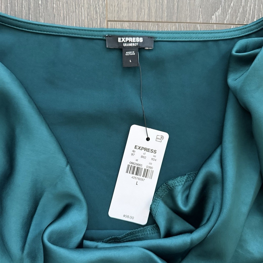Express NWT Green Satin Cowl Neck Bodysuit Sz Large Goth Party Cocktail Grunge - Picture 6 of 10